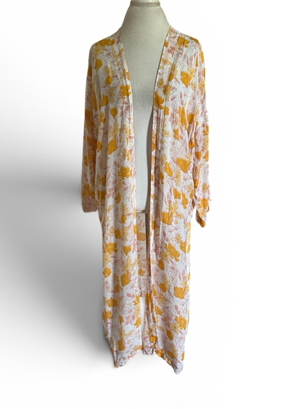 LOFT Outlet Yellow Mustard White Floral Kimono Beach Cover Up Long Duster M/L